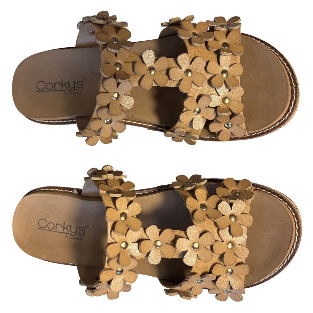 Corkys Floral Wedge Sandals Size 8 Cognac Slip-On Summer Shoes - Picture 6 of 8